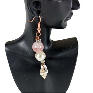Elegant Boho Pink gemstone and Gold Shell Drop Earrings Cosmic Dreamer Creation